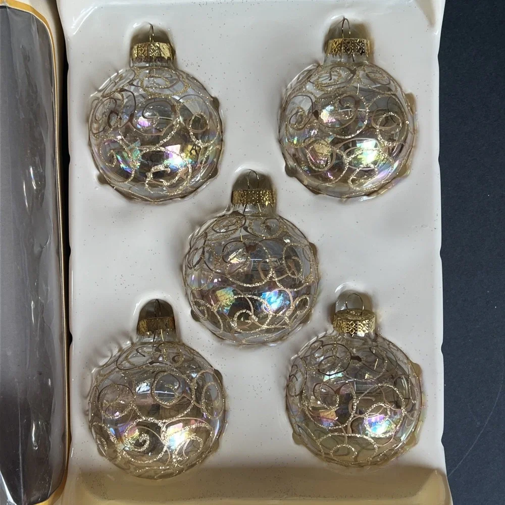 VTG Garden Ridge Glass Ball Gold Glitter Iridescent Stenciled Ornaments Set 5